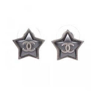 CHANEL CC Logos Black Star Silver Tone Stud Earrings